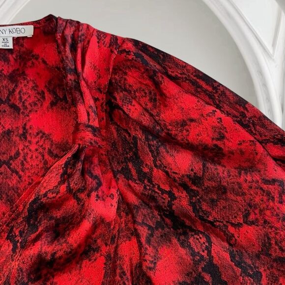 RONNY KOBO Dress Torrey Mini V neck Puffed Sleeve Snakeskin Print Red Size XS - Picture 8 of 14